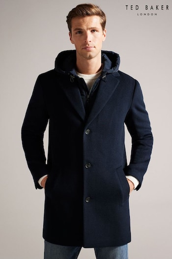 Ted Baker Donlon Blue Wool Blend Coat Hooded Inner (K93677) | £325