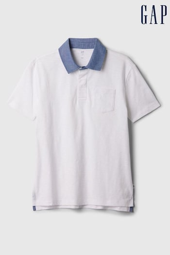 Gap White Chambray Collar Short Sleeve Polo lauren Shirt (4-13yrs) (K93832) | £14