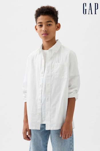 Gap White Linen Blend Long Sleeve Oxford Shirt (4-13yrs) (K93874) | £20
