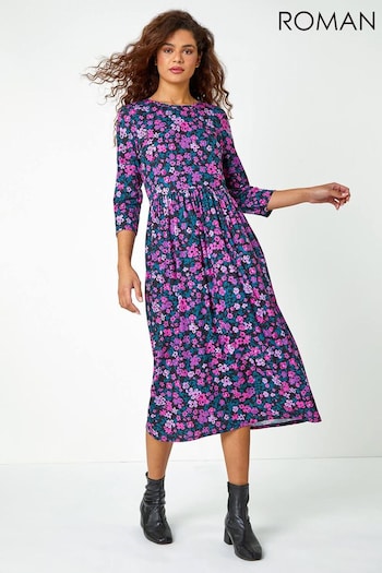 Roman Purple Floral Fit and Flare Midi Dress (K94013) | £38
