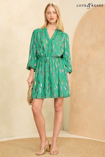 Love & Roses Green Metallic V Neck Puff Sleeve Belted Mini Dress (K94137) | £58