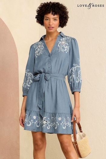 Long Sleeved Sets Blue TENCEL™ Embroidered V Neck Belted Mini Dress (K94140) | £58