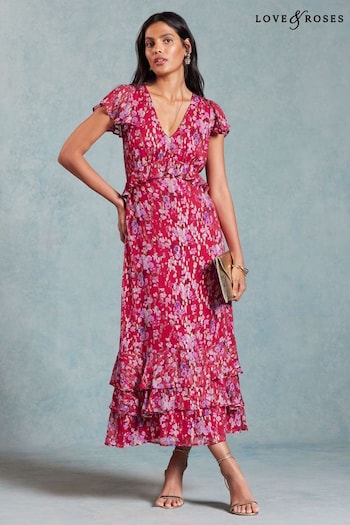 Beauty & Grooming Red Floral Metallic Ruffle Detail Cap Sleeve Midi Dress (K94142) | £69