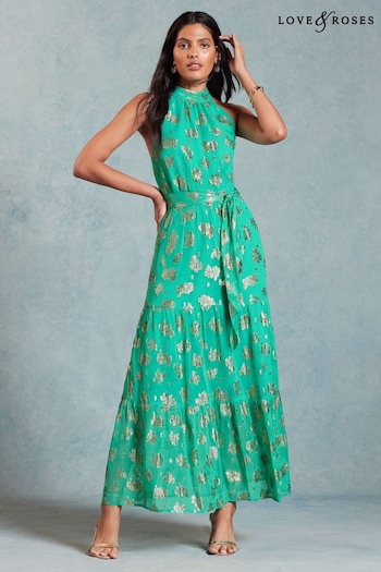 Love & Roses Green Metallic Petite Halterneck Belted Ruffle Maxi Dress (K94149) | £65