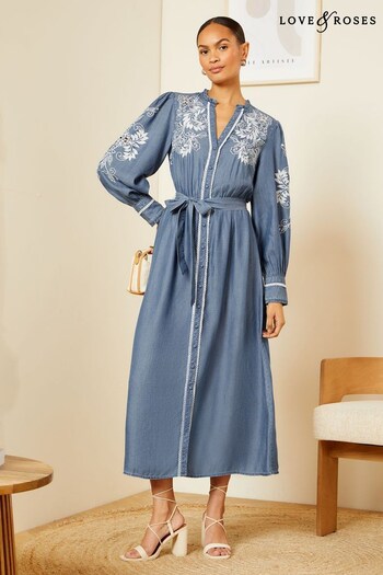 Love & Roses Blue Petite Embroidered TENCEL™ Belted Midi Shirt chic Dress (K94169) | £62