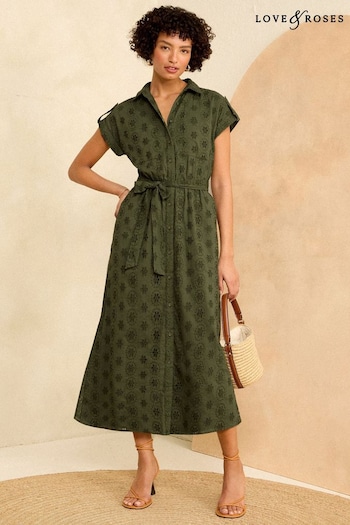 Love & Roses Khaki Green Roll Sleeve Belted Shirt Dress (K94172) | £58