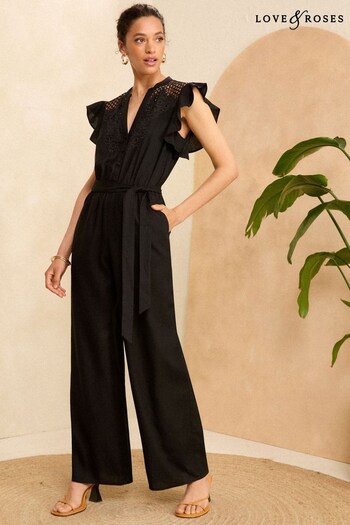 Love & Roses Black Petite Cutwork Flutter Sleeve Jumpsuit With Linen (K94197) | £56