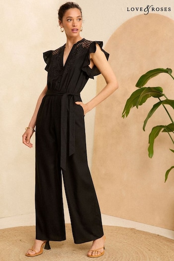Love & Roses Black Cutwork Flutter Sleeve Jumpsuit With Linen (K94213) | £56