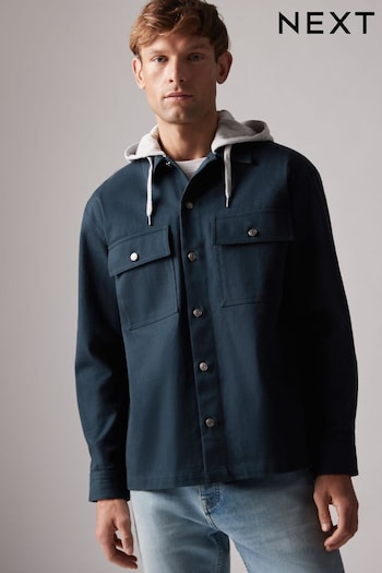 Navy Blue Twin Pocket Cotton Shacket with Hood (K94225) | £50