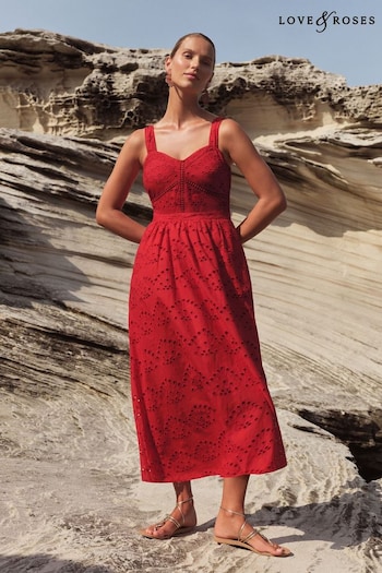 Love & Roses Red Cami Corset Lace Trim Broderie Midi Dress mets (K94226) | £68