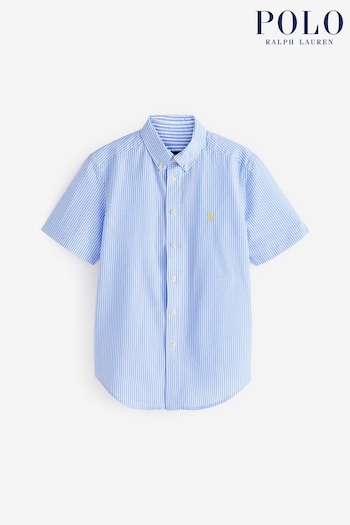 Polo Verde Ralph Lauren Boys Blue Striped Seersucker Short Sleeve Shirt (K94380) | £65 - £75
