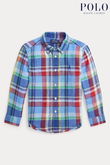 Polo Verde Ralph Lauren Boys Blue Checked Linen Shirt (K94382) | £99 - £109