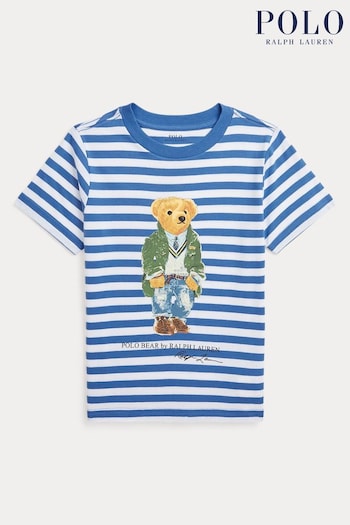 Polo Ralph Lauren Boys Blue Striped Polo Bear Cotton Jersey T-Shirt (K94406) | £49