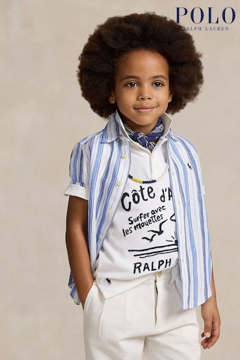 Polo Ralph Lauren Boys Blue Striped Linen Short Sleeve Shirt (K94443) | £89 - £99