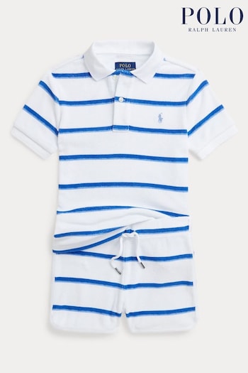 Polo Ralph Lauren front Blue Striped Terry Polo Shirt and Short Set (K94719) | £135
