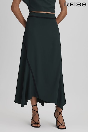 Reiss Green Sara Asymmetric Contrast Trim Midi Skirt (K95869) | £168