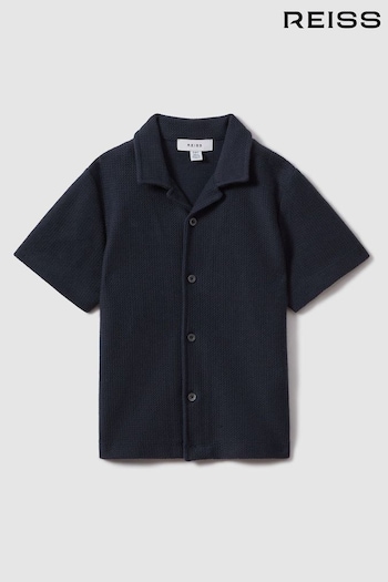 Reiss Navy Gerrard Teen Textured Cotton Cuban Collar Shirt (K95889) | £36