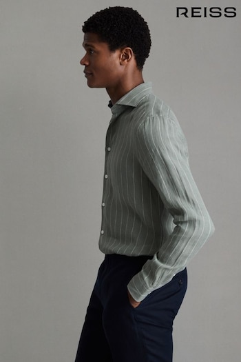 Reiss Sage Stripe Ruban Linen Button-Through Shirt (K95890) | £98
