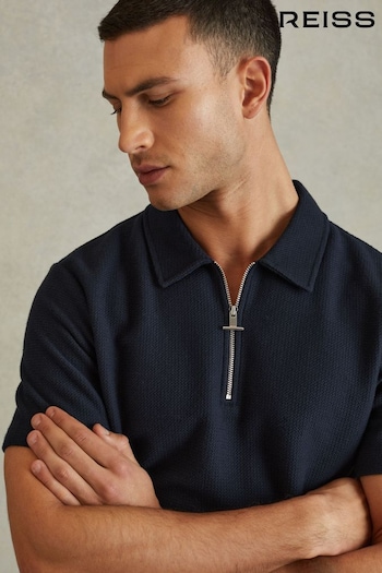 Reiss Navy Felix Textured Cotton Half Zip half-sleeved Polo Shirt (K95916) | £68