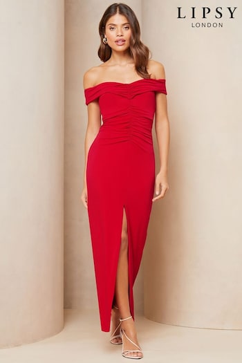 Lipsy Red Petite Bardot Ruched Front Maxi jean Dress (K96099) | £85