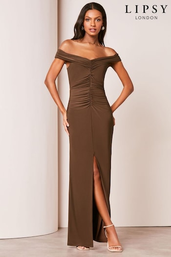 Lipsy Brown Bardot Ruched Front Maxi jean Dress (K96102) | £85