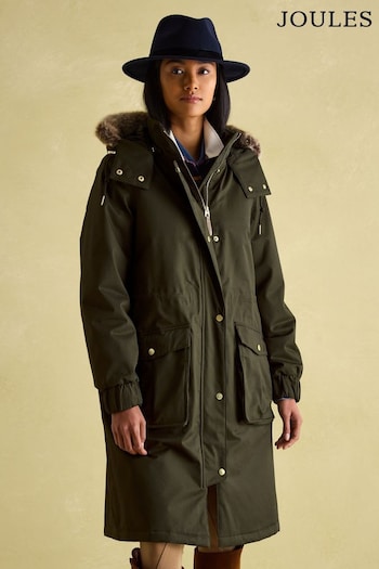 Joules Harpsden Cosy Khaki Green Waterproof Fleece Lined Raincoat with Faux Fur Hood (K96520) | £0