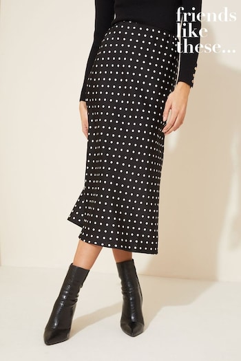 Friends Like These Black Polka Dot Petite Satin Bias Midi Skirt (K96832) | £32