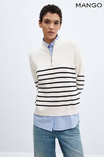 Mango Striped White Sweater With Zip (K96971) | £36