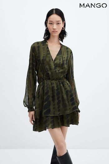 Mango Green Printed V-Neck Satin Printed Dress (K97681) | £46