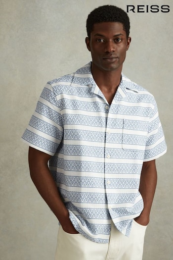 Reiss White/Soft Blue Kesh Herringbone Cuban Collar Shirt (K97773) | £118