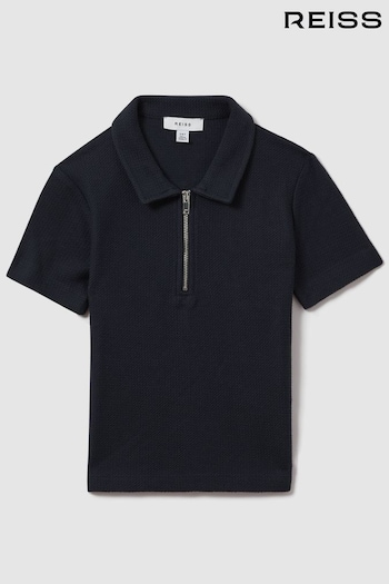 Reiss Navy Felix Teen Textured Cotton Half-Zip Polo Shirt (K97803) | £34