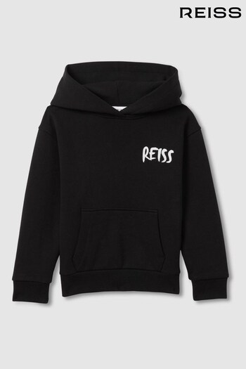 Reiss Washed Black Newton Teen Cotton Relaxed Motif Hoodie (K97834) | £44