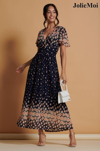 Jolie Moi Navy Blue Mirrored Mesh Angel Sleeve Maxi Dress (K98079) | £89