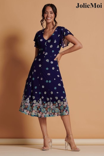 Jolie Moi Blue Mirrored Print Mesh Fit and Flare Midi Dress (K98165) | £79
