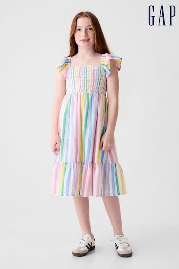 Gap White Rainbow Stripe Flutter Sleeve Smock Midi Dress (4-13yrs) (K98653) | £35