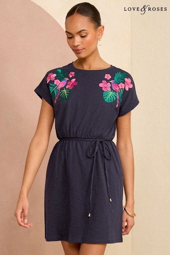Love & Roses Navy Blue Embroidered T Shirt Jersey Mini Dress (K98691) | £39