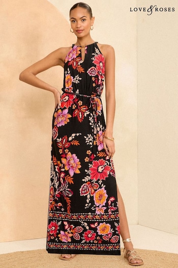 Make up Bags Black Floral Halter Neck Trim Detail Jersey Maxi Dress (K98707) | £42