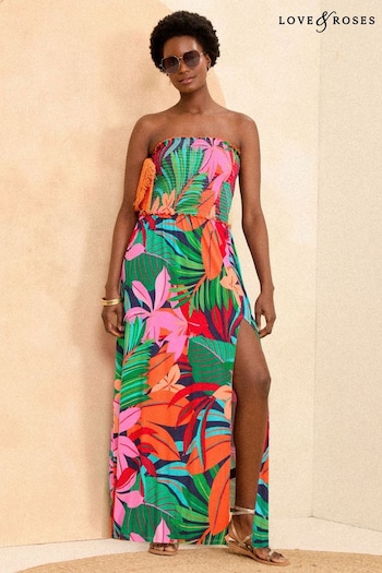 Gifts £100 & Over Tropical Shirred Bandeau Split Maxi Jersey Dress (K98709) | £39