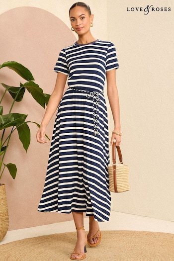 Love & Roses Navy Blue Belted Stripe Midi Jersey T-Shirt Dress (K98712) | £44
