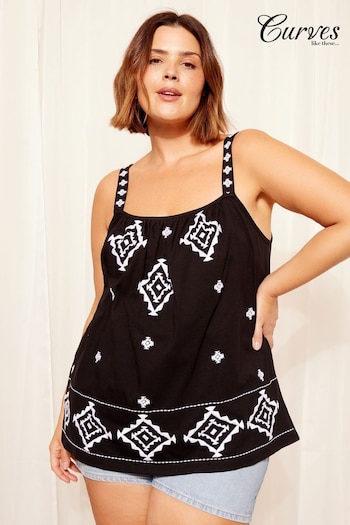 Curves Like These Black Embroidered Strappy Top (K98714) | £30