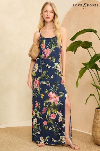 Love & Roses Blue Floral Cami Jersey Maxi Dress (K98719) | £42