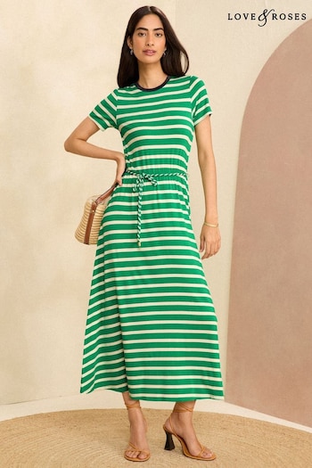 Wedding Guest Dresses Green Belted Stripe Midi Jersey T-Shirt Dress (K98720) | £44