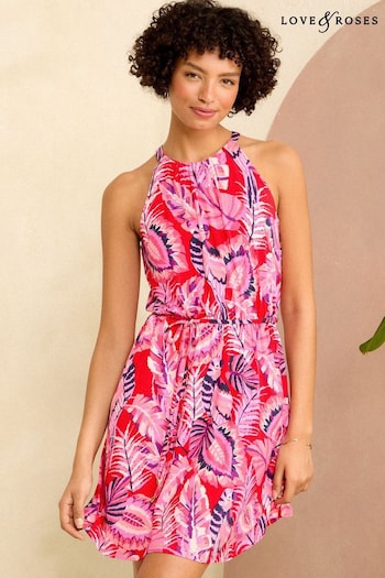 Love & Roses Pink Parrot Halter Neck Mini Jersey Dress (K98725) | £36