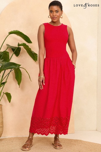 Love & Roses Red Jersey Cotton Mix Broderie Skirt Midi Dress (K98726) | £44