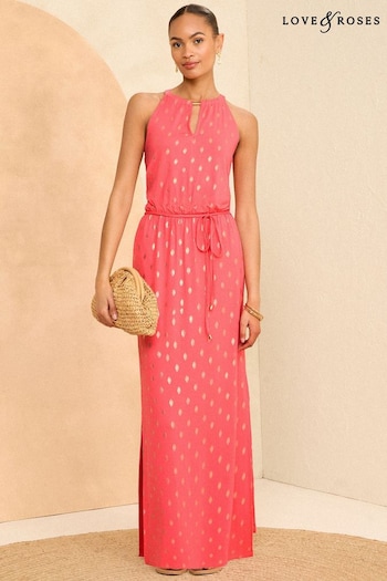 Love & Roses Pink Foil Halter Neck Trim Detail Jersey Maxi Dress (K98731) | £42