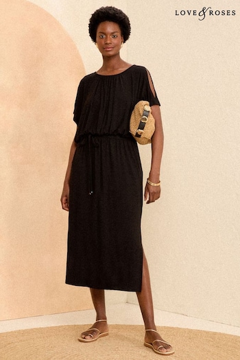 Hats & Caps Black Ruched Batwing Belted Midi Jersey Dress (K98737) | £42