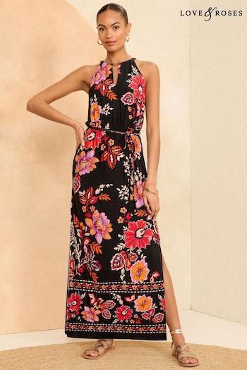 Pyjamas & Nightwear Black Floral Petite Halter Neck Trim Detail Jersey Maxi Dress (K98757) | £42