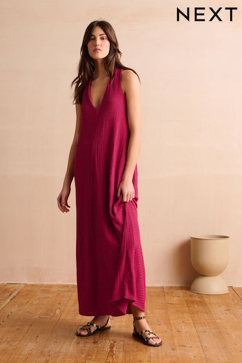 Red V-Neck Textured Maxi Summer Jersey Rebecca Dress (K98904) | £48