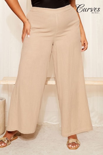 Curves Like These Nude Textured Wide Leg Yarn-Dyed Trousers (K98975) | £35