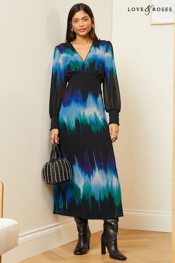 Love & Roses Blue Smudge Chiffon Long Sleeve Midi Dress (K99046) | £65